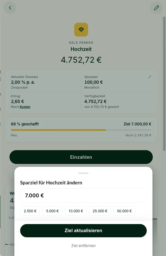 App-Ansicht des Pockets „Hochzeit“ mit 4.752,72 Euro, 68 Prozent des Ziels von 7.000 Euro erreicht, darunter der Dialog zum Ändern des Sparziels